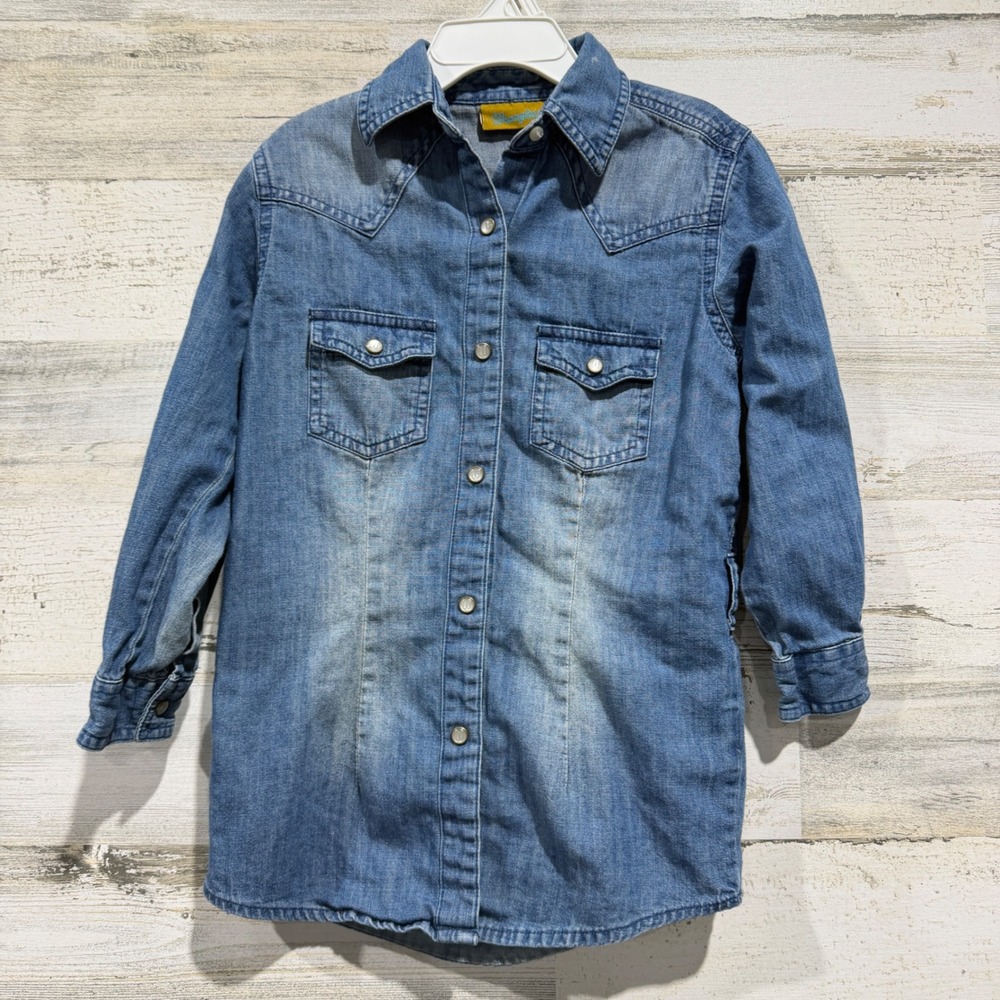 Wrangler Denim Snap Tunic Top Girls XS Blue Western Yoke Pearl Snap EUC